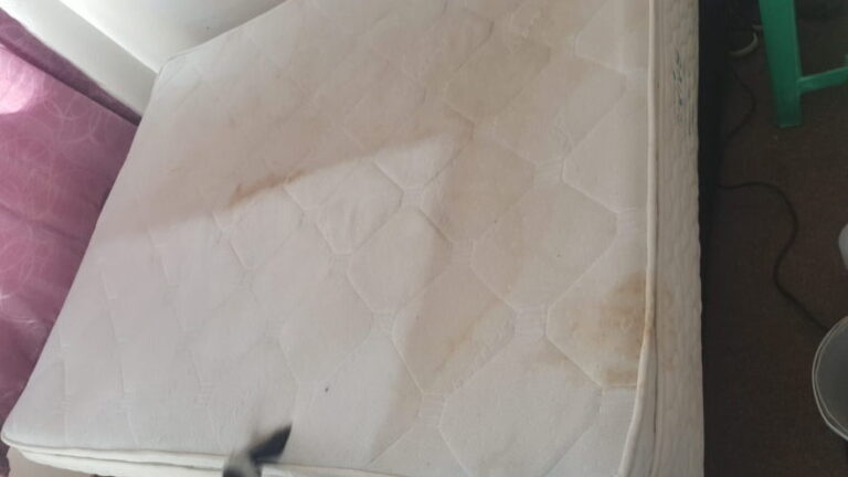 section of dirty mattress being cleaned